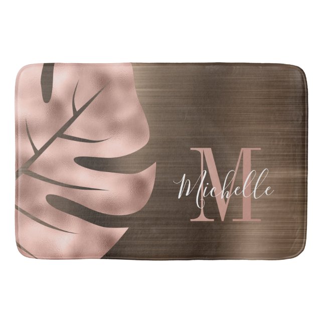 Tapis De Bain Monogramme de feuille de palmier en or rose élégan (Devant)