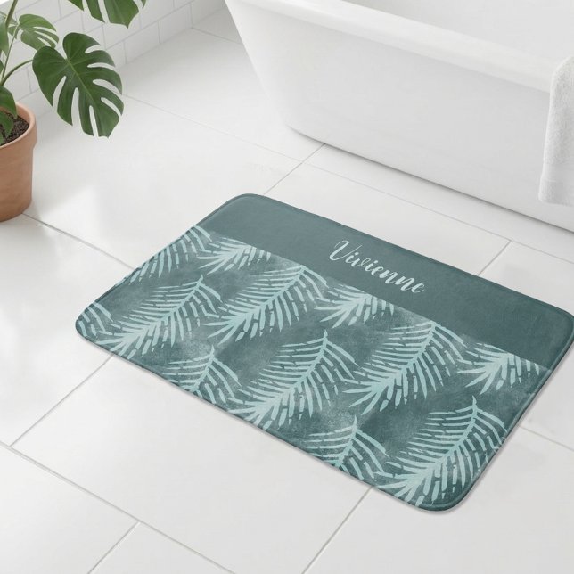 Tapis De Bain Monogramme de feuille tropicale à l'aquarelle boho (Teal Boho Watercolor Tropical Leaf Monogram Bath Mat)
