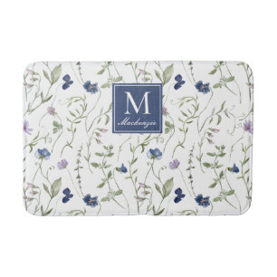 Tapis De Bain Monogramme de fleur sauvage aquarelle bleu violet