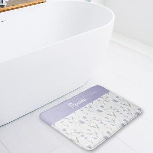 Tapis De Bain Monogramme de fleur sauvage aquarelle bleu violet 