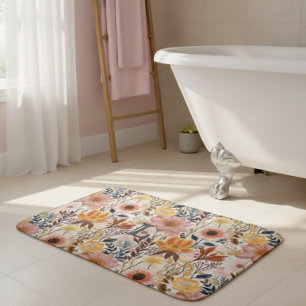 Tapis De Bain Monogramme de fleurs rose et jaune