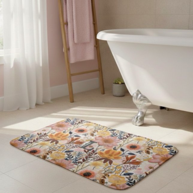 Tapis De Bain Monogramme de fleurs rose et jaune (Créateur téléchargé)