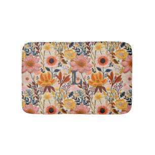 Tapis De Bain Monogramme de fleurs rose et jaune