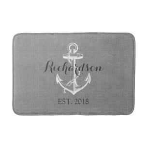 Tapis De Bain Monogramme de mariage d'ancre vintage rustique gri