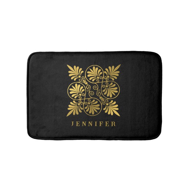 Tapis De Bain Monogramme de méandre grec antique noir or (Devant)