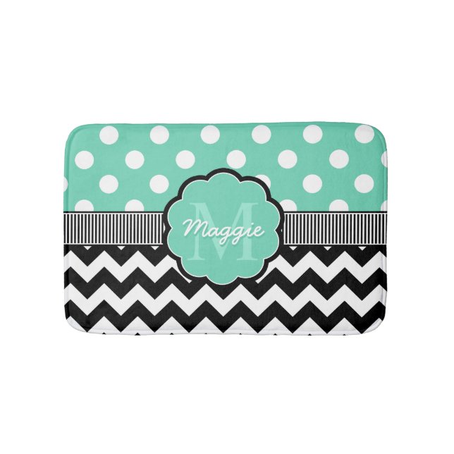 Tapis De Bain Monogramme de menthe Pois noire Chevron (Devant)