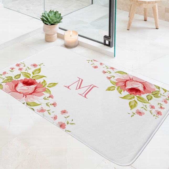 Tapis De Bain Monogramme de motif d'angle de roses roses de camp (Créateur téléchargé)