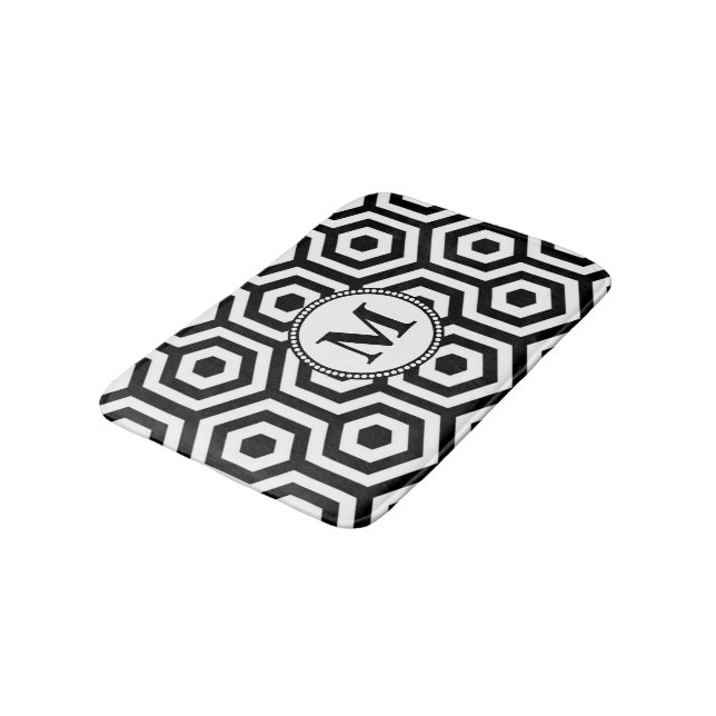 Tapis De Bain Monogramme de Motif géométrique noir et blanc (Angle)