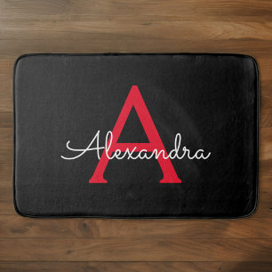 Tapis De Bain Monogramme de nom de fille de script noir rouge