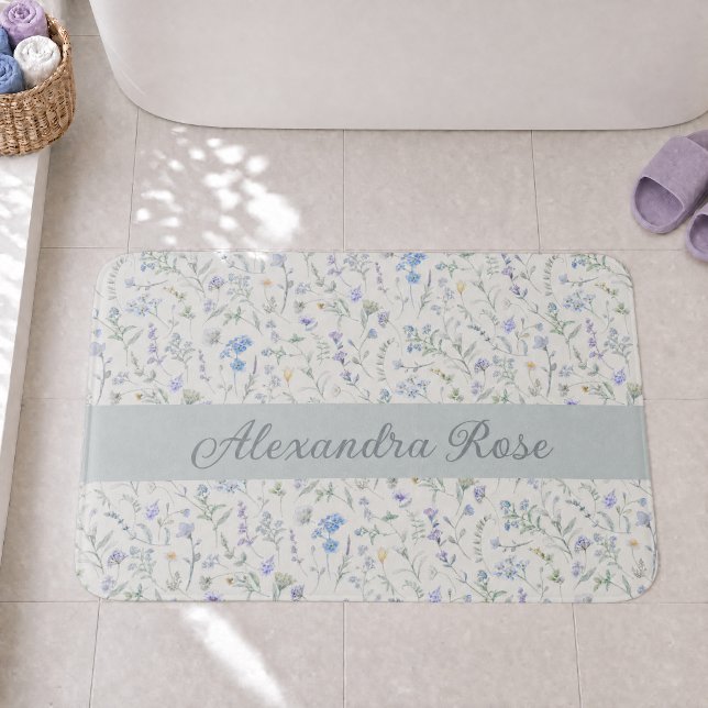 Tapis De Bain Monogramme de nom de fleur sauvage aquarelle bleu  (Créateur téléchargé)