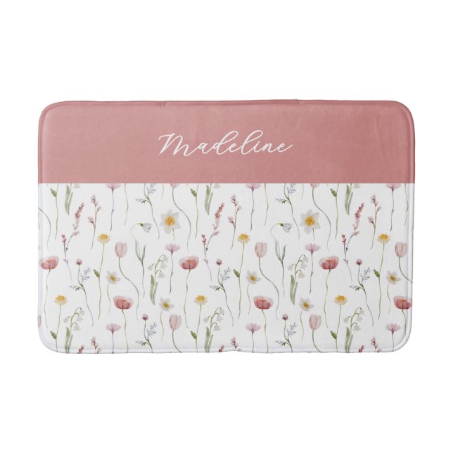 Tapis De Bain Monogramme de nom de fleur sauvage aquarelle rose  (Devant)