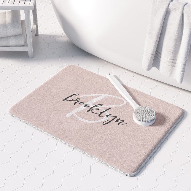 Tapis De Bain Monogramme de nom de script gris rose fuchsia tend (Créateur téléchargé)