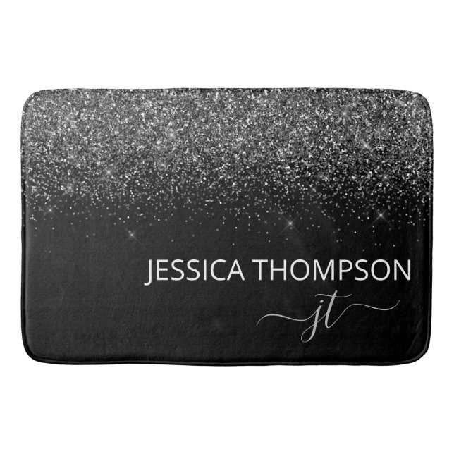 Tapis De Bain Monogramme de nom de script simple pailleté noir m (Devant)