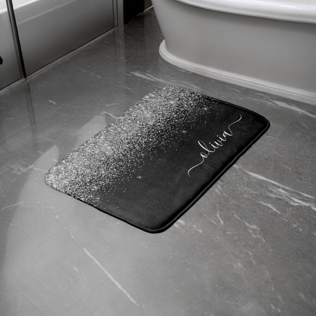 Tapis De Bain Monogramme de nom féminin à paillettes noir argent (Créateur téléchargé)