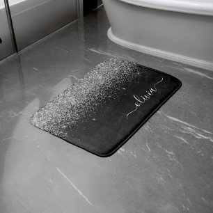 Tapis De Bain Monogramme de nom féminin écriture pailletée noir