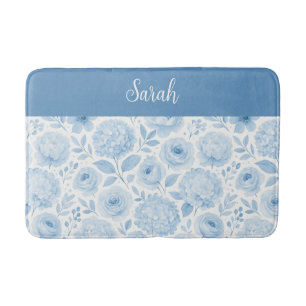 Tapis De Bain Monogramme de nom floral aquarelle bleu blanc