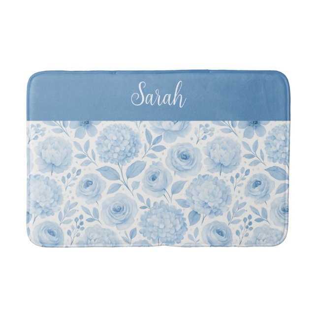 Tapis De Bain Monogramme de nom floral aquarelle bleu blanc (Devant)