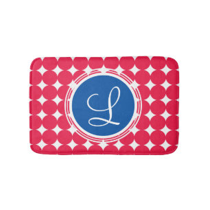 Tapis De Bain Monogramme de point Polka bleu et rouge