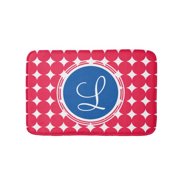 Tapis De Bain Monogramme de point Polka bleu et rouge (Devant)