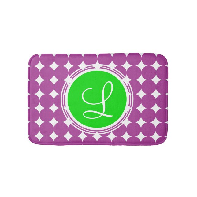 Tapis De Bain Monogramme de point Polka vert et violet (Devant)