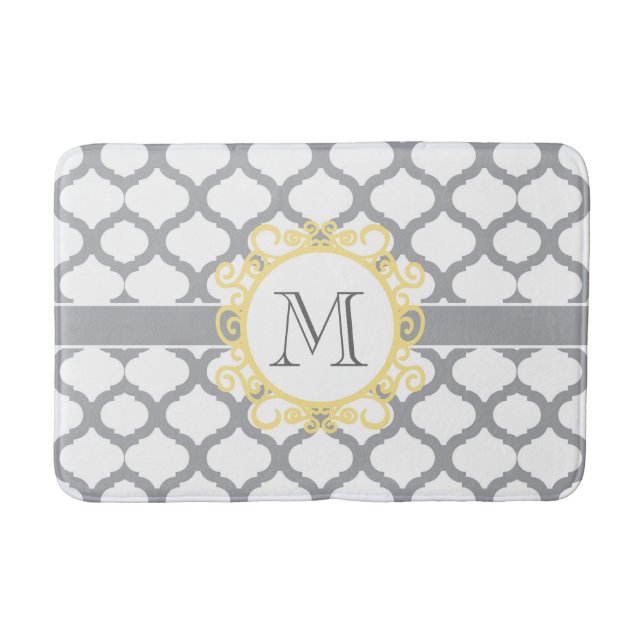 Tapis De Bain Monogramme de quadrefoil gris et jaune (Devant)