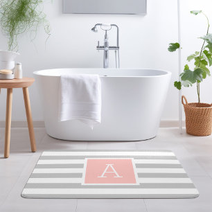 Tapis De Bain Monogramme de rayures grises et bleues Couleurs