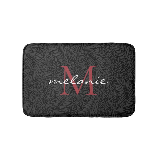 Tapis De Bain Monogramme de script rouge floral noir élégant (Devant)