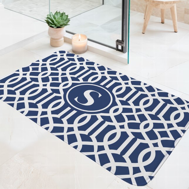 Tapis De Bain Monogramme de treillis bleu et blanc de la marine (Créateur téléchargé)