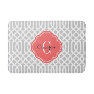 Tapis De Bain Monogramme de Trellis gris et corail