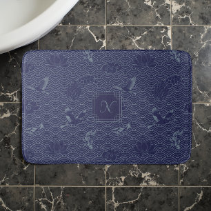 Tapis De Bain Monogramme de vague japonaise traditionnelle bleue