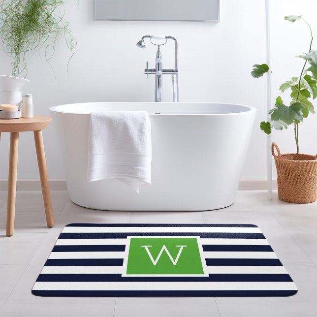 Tapis De Bain Monogramme des rayures de la marine et verte (Créateur téléchargé)