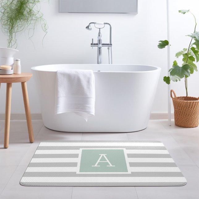 Tapis De Bain Monogramme des rayures de menthe et de gris | Coul (Créateur téléchargé)