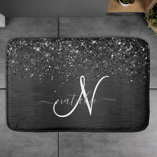 Tapis De Bain Monogramme d'étincelle à Parties scintillant noire