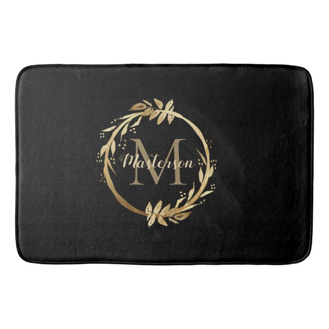 Tapis De Bain Monogramme d'or noir Chic Eucalyptus Wreath (Devant)