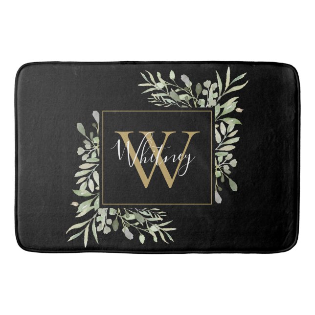 Tapis De Bain Monogramme d'or noir Flore de verdure (Devant)