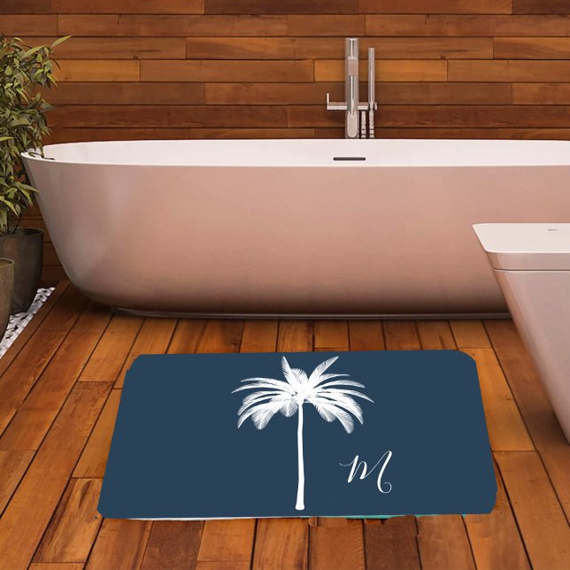 Tapis De Bain Monogramme élégant de palmier blanc tropical (Créateur téléchargé)