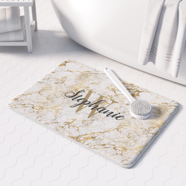 Tapis De Bain Monogramme élégant en écriture manuscrite sur marb (Créateur téléchargé)