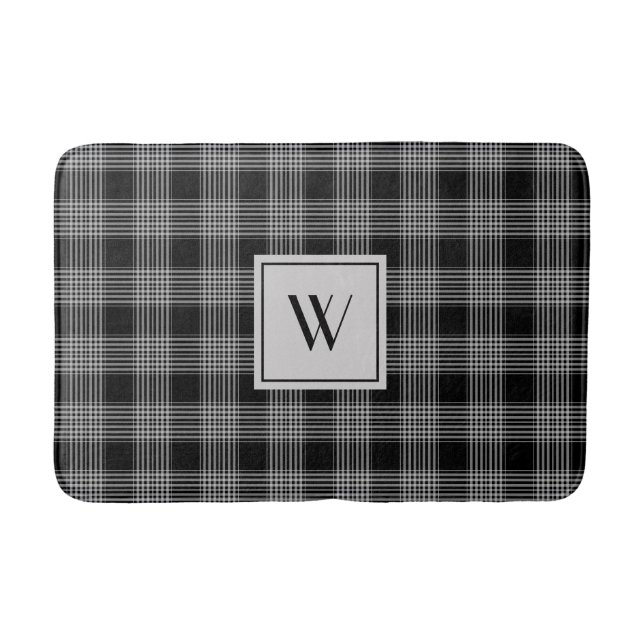 Tapis De Bain Monogramme Élégant Noir Et Blanc Plaid Checks (Devant)