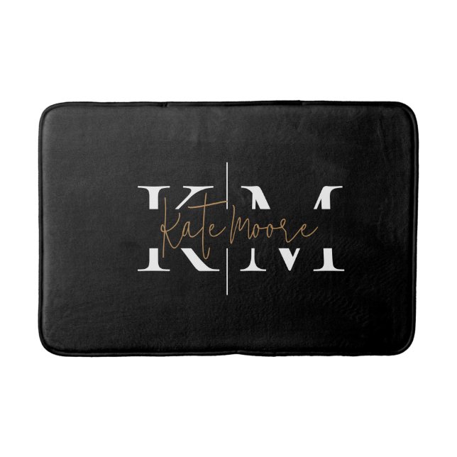 Tapis De Bain Monogramme élégant noir or Script Stylé  (Devant)