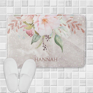 Tapis De Bain Monogramme Élégant rose rose et tourbillon floral