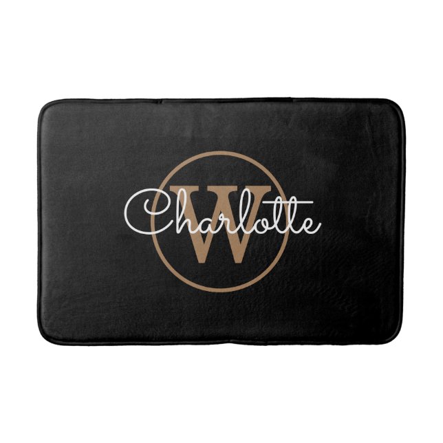 Tapis De Bain Monogramme élégant script féminin noir or (Devant)
