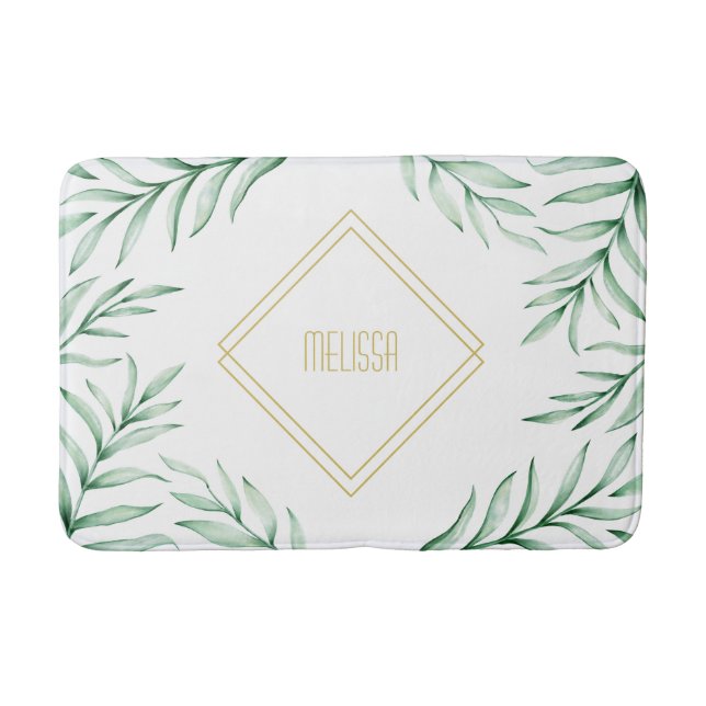 Tapis De Bain Monogramme Elégant Verdure Aquarelle Feuilles (Devant)
