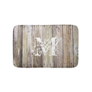 Tapis de bain monogramme en bois rustique