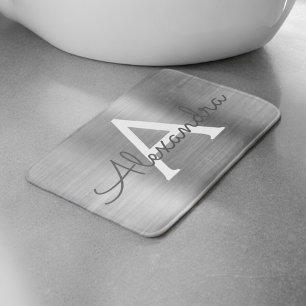 Tapis De Bain Monogramme en métal brossé argent Nom et initiale