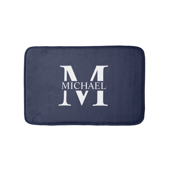 Tapis De Bain Monogramme et nom personnalisés bleu marine (Devant)