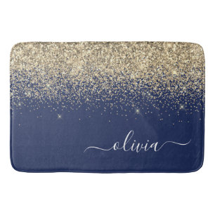 Tapis De Bain Monogramme Féminin Script Pailleté Or Bleu Marine