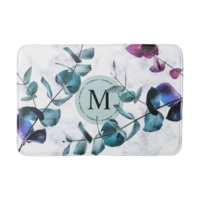 Tapis De Bain Monogramme feuillage d'eucalyptus en marbre blanc  (Devant)