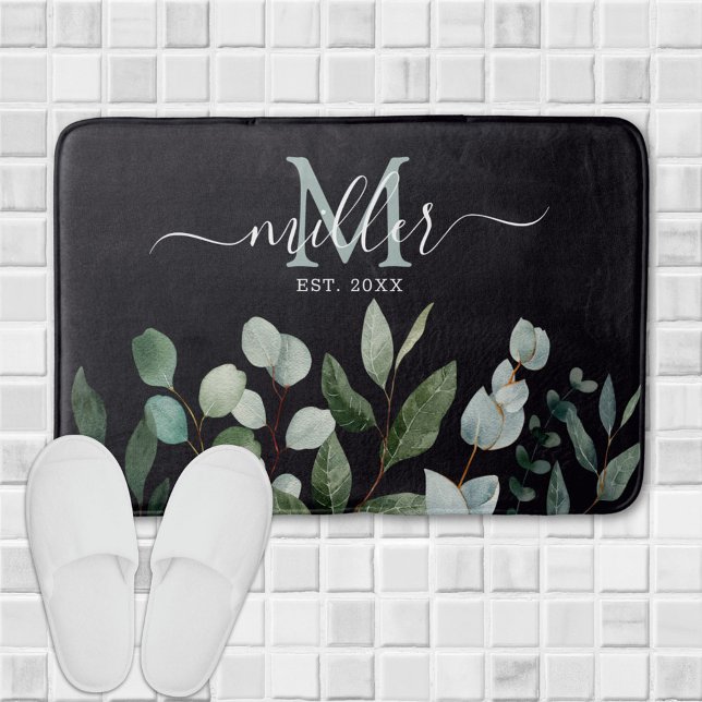 Tapis De Bain Monogramme feuilles de verdure d'eucalyptus vert s (In situ)