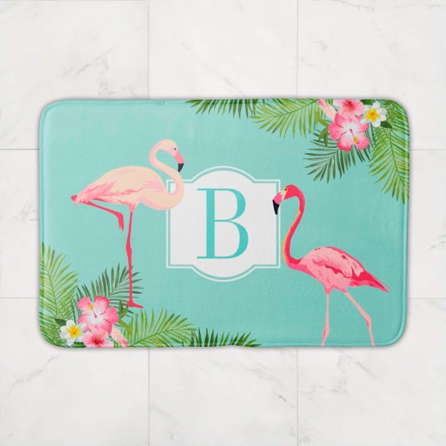 Tapis De Bain Monogramme Flamant rose tropical et fleurs d'Hibis (Créateur téléchargé)