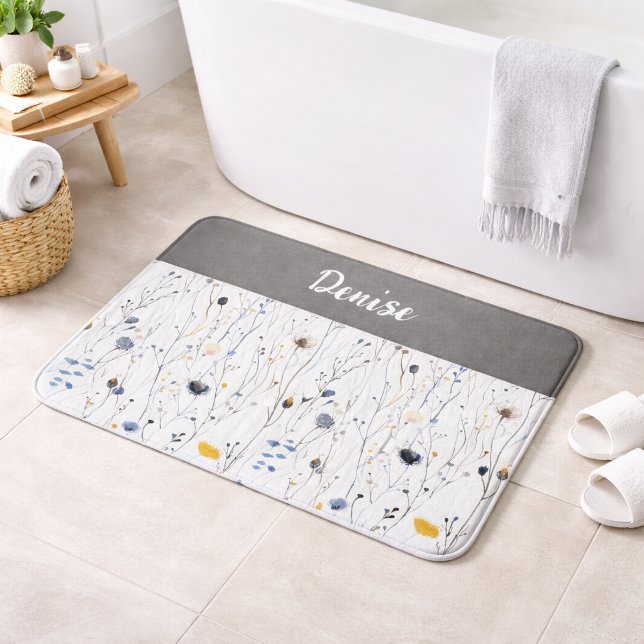Tapis De Bain Monogramme Fleur Sauvage Aquarelle Bleu Gris  (Créateur téléchargé)